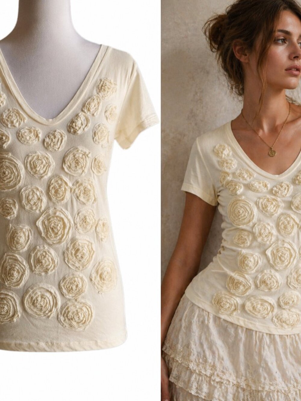 J Crew Rose Applique Fairy Cottagecore Romantic Floral Tee Top 100% Cotton